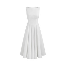 CIDER Midi Dress Women's Elegant Boat Neck Short Sleeve Solid Ruffle Party Dress Fit Flare Mid Waist White