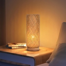 Hodevimall Bamboo Table Lamp，Boho Rattan Bedside Lamp for Bedroom,Vintage Wicker Wooden Nightstand Lamp Shade Rustic Farmhouse Indirect Lighting Accent Light for Living Room