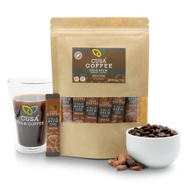 Cusa Tea & Coffee, Mocha Cold Brew. Premium Instant Coffee, Rainforest Alliance Certified Arabica Beans. Drink Mix Packets Ready in Seconds, Makes Hot or Iced Coffee (30 Servings)