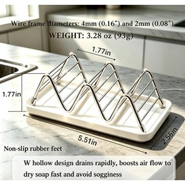 Heavy Weight 3.28oz Soap Dish with Removable Ceramic Drain Tray, 304 Stainless Steel Rustproof Self Draining Holder, Ideal for Regular Bar Soap, Bathroom Kitchen Sink (Cool White)