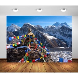 CORFOTO 7x5ft Mount Everest Snow Mountain Background Buddhist Prayer Flags Photo Backdrop Traditional Tibetian Prayer Flags Himalaya Mountains Photography Background Winter Portrait Props