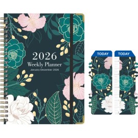 Agenda 2026 Diaria y Semanal A5 con Pasta Dura, Planificador de Flores Verde