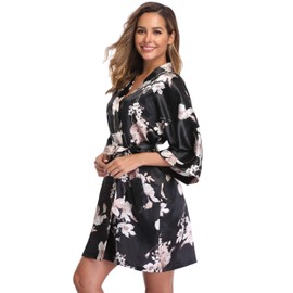 season dressing Women Floral Robes Bridesmaids Short Satin Kimono Sleepwear for Wedding Party, Black XL