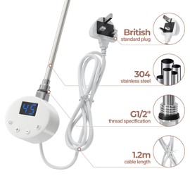 ELEGANT 800W Smart Thermostatic Towel Rail Electric Heating Element with Plug, Timer LCD Display, Child Lock Function Heating Rod for Bathroom Heated Towel Rails and Radiators White