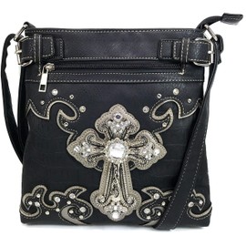 Justin West Cowgirl Western Rhinestone Cross Floral Embroidery Studded Concealed Carry Handbag Purse Trifold Crossbody Messenger Bag Wallet (Black Messenger)