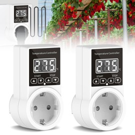 2 x Thermostat Sockets, Digital Temperature Controller 230 V, Heating Cooling Thermostat with Sensor Probe LCD Screen Digital Plug Thermostat for Greenhouse Aquarium Terrarium Reptiles