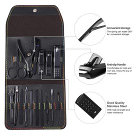 VOCOSTE Manicure Set Professional Nail Clippers Pedicure Kit for Hand and Foot Nails Stainless Steel Nail Kit with Leather Case 16pcs Black