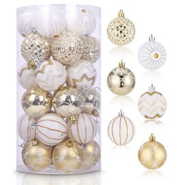 Christmas Baubles, Plastic Christmas Tree Decorations, Pack of 30 White Gold Christmas Baubles, Hanging on a Christmas Tree