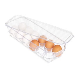 Relaxdays Egg Box for 12 Eggs with Lid, Stackable, Easy Care, Fridge Egg Container, Plastic, Transparent, 8 x 32.5 x 11.5 cm