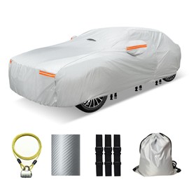 OWEEIO 30 Layers Car Cover for Automobiles All Weather Waterproof, Outdoor Snowproof UV Protection Windproof, Door Zipper, Soft Cotton, Heavy Duty Universal Car Covers, (Silver, Fit Sedans 201"-210")