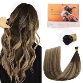 DOORES I Tip Hair Extensions, Balayage Chocolate Brown to Caramel Blonde 50g/50s 24 Inch, Itip Extensions Human Hair For Women Human Hair Cold Fusion Hair Extensions Straight Itip Extensions