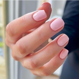 Light Pink Press on Nails Short Square Fake Nails Solid Color False Nails with Design Glossy Full Cover Stick on Nails Reusable Artificial Acrylic Nails for Women Girls Nail Art Decoration 24Pcs