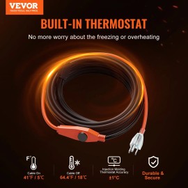 30FT 7W/FT Pipe Heating Cable with Built-in Thermostat Water Pipe Heat Tape for PVC Hose Metal Protection Heat Blankets HeatersDefault: Default
