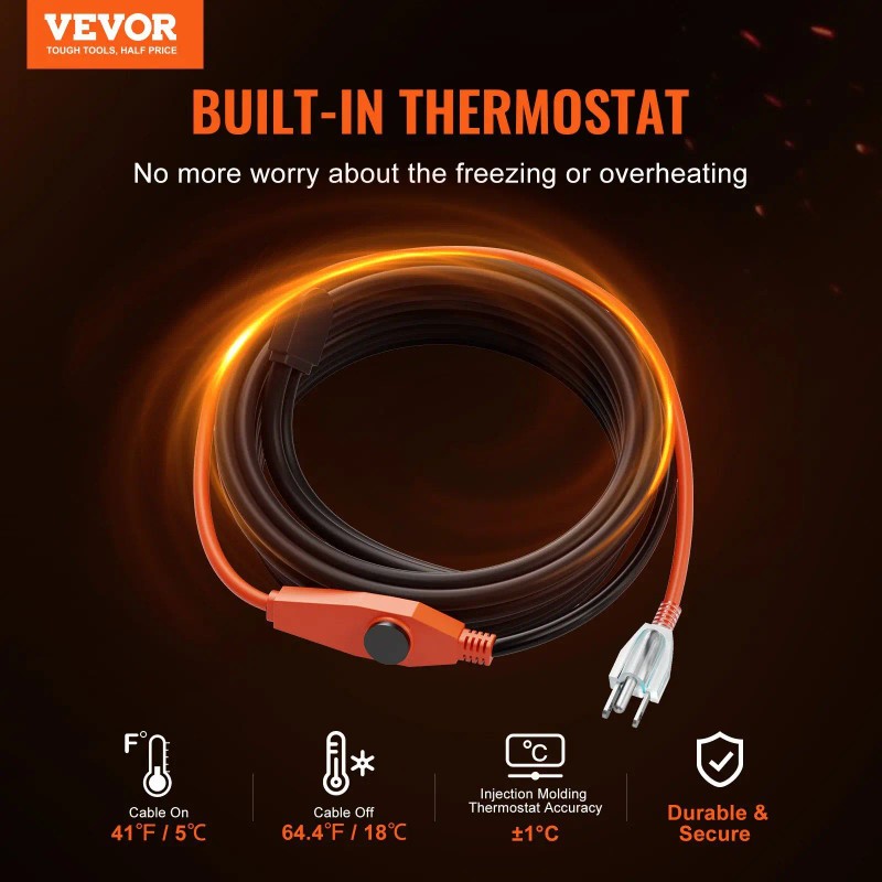 30FT 7W/FT Pipe Heating Cable with Built-in Thermostat Water Pipe