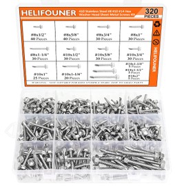 HELIFOUNER 320 Pieces #8#10#14 Hex Washer Head Self Drilling Sheet Metal Screws Assortment Kit, 410 Stainless Steel
