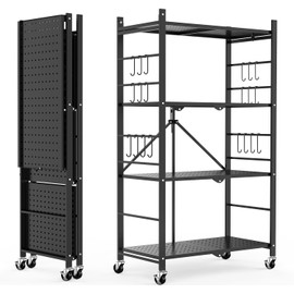 Himix Storage Shelves with 6 Hooks, 3 Tier Foldable Shelf with Wheels, Metal Storage Shelving Unit Rolling Cart, Utility Shelf Rack Organization Shelves for Garage, Pantry, Kitchen, Room, No Assembly