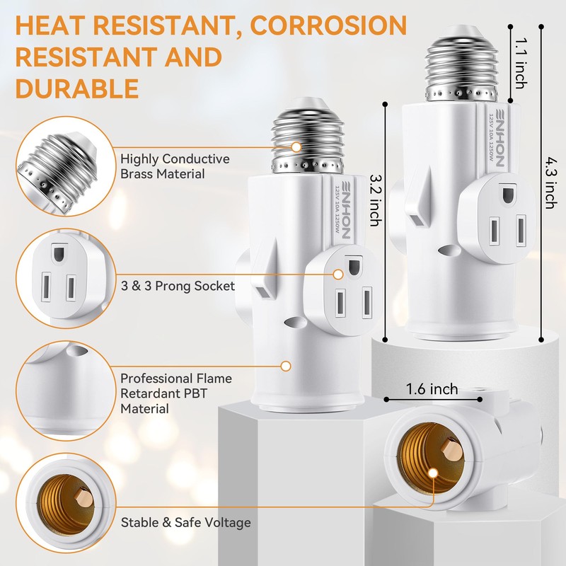Enhon 2 Pack Light Socket Outlet Adapter, 2/3 Prong Light