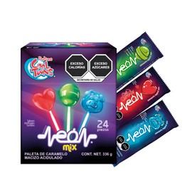 Paleta Neón Mix (Surtido) - Dulces Cool Toons Paleta de Caramelo Macizo con palillo neón luminoso que brilla en la oscuridad, sabores Mora Azul, Cereza y Manzana Verde, Limón Sandía, Mango, y Fresa Paquete 2 cajas forma de puerquitos, corazón y bola (24 