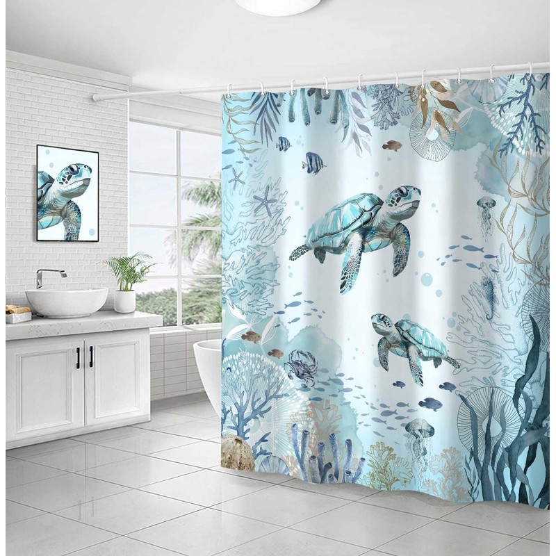 Hjokiupt Sea Turtle Shower Curtain for Bathroom, Teal Blue Ocean