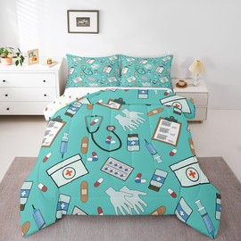 Castle Fairy Doctor Nurse Gift Comforter Set Full Size Gifts Idea for Dentists Doctors Bedding Set Bedroom Decor Fashion Mint Green Quilt Set for Kids Boys Girls Doctor Gift Duvet Insert 3Pcs