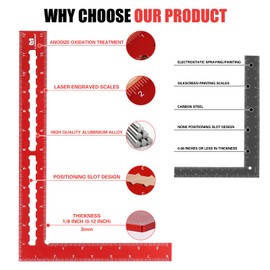 LARMEIL Carpenter Square - 8 x 12 Inch Right Angle Ruler, Laser Scales, Anodized Aluminum, Red