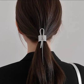 Cubahop Metal Irregular Bow Ponytail Holder Hair Restraints with Decorative Rings Metal Ponytail Holder Hair Clips for Long Hair Accessories for Women (Silver)