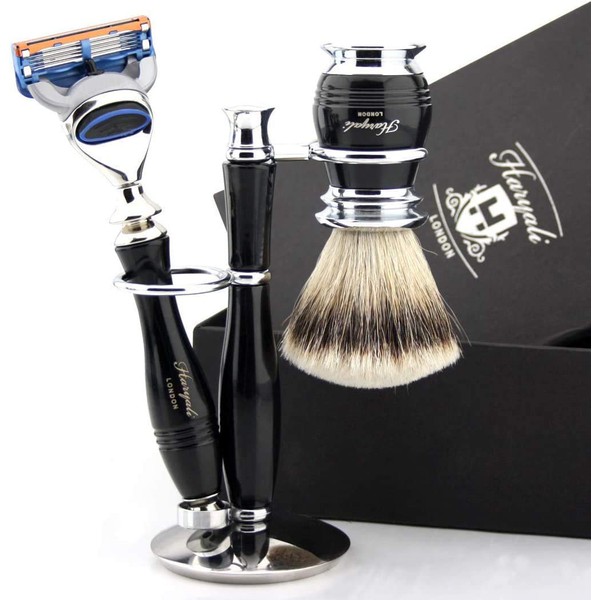 Premium Silver Tip Badger Shaving Brush & Gillette Fusion Compatible Razor Luxury Handle - Wet Shaving Kit for Him - Gift Set