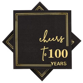Ottin Black and Gold Cheers to 100 Years Cocktail Napkins 5 x 5 Inches Disposable Dessert Party Paper Napkins 50 Counts for Birthday Anniversary Wedding Decorations Themed Party