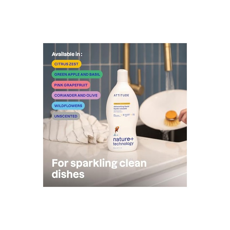 ATTITUDE Dish Soap, EWG Verified, Plant-Based & Vegan Dishwashing Liquid,