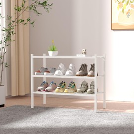 ROMGUAR CRAFT 2 Tier Bamboo Shoe Rack for Closet Free Standing Wood Shoe Shelf for Entryway Small Space Stackable 27"x11"x13" (White)