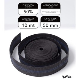 IPEA BS350T Strap for Sofa, Chair, Upholstery, Armchair, 10 Metres Length, Elastic Band Webbing, 3 Stripes, Drawstring for Seat, Backrest Elasticity, 50% Width, 50 mm, Black