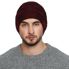 DonDon Beanie hat men Winter hat Knit knitted Long Slouch with fleece lining - Dark red Black