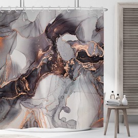 ASDCXZ Marble Shower Curtain, Black Gold, 180 x 200 cm, Modern Abstract Grey Black Gold Marble Look Texture Washable Shower Curtains Polyester Textile Waterproof Shower Curtain for Bathtub with 12