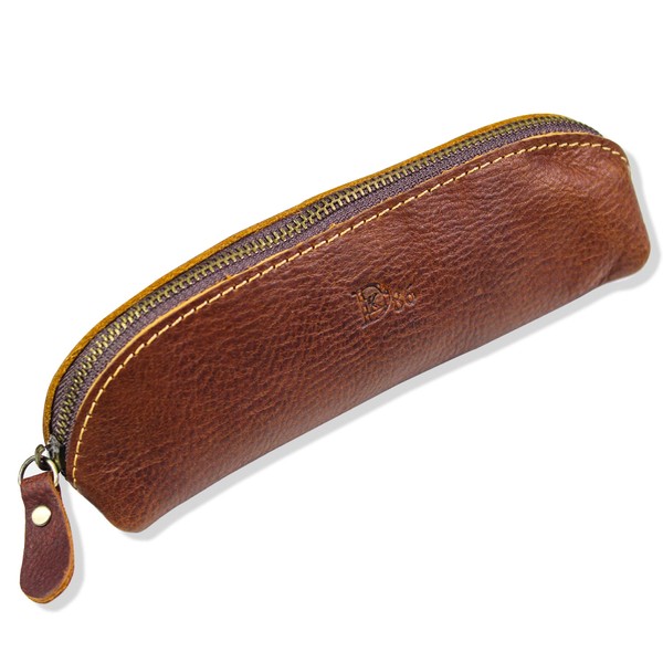 DK86 Leather Zipper Pen Case Pouch Holder Bag - Small Travel Makeup Cosmetic Bag (Full Grain Leather - Brown)