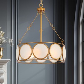 KSANA Gold Chandelier 3-Light, Drum Pendant Light Fixtures, Modern Farmhouse Dining Room Light Fixture, Adjustable E26 Hanging Pendant Lighting for Kitchen Island, Living Room, Entryway