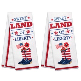 Patriotic Farmhouse Kitchen Towel Set with Pot Holders Oven Mitt and Set of 6 Refrigerator Magnets (Sweet Land of Liberty Boots)