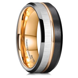 King Will Tungsten Carbide Ring for Men Women Centre Rose Gold Groove Wedding Bands Black Matte Brushed Finish Beveled Edges Inner Plated Rose Gold Comfort Fit 9
