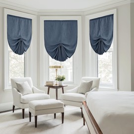 RYB HOME Adjustable Pull Up Small Window Shades, Flax Linen Sticky Adhesive Valance for Kitchen Bathroom, Pivacy Protect Curtains for Door Window, W36 x L55 inches, Blue, 1 Piece