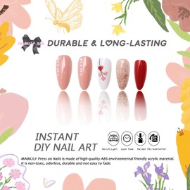 Valentines Press on Nails Medium Almond MABKJLF Pink Fake Nails False Nails with Designs Cute Heart Full Cover Glossy Glue on Nails Valentine's Day Acrylic Nails for Women Girls 24 Pcs