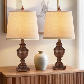 PARTPHONER Retro Table Lamps Set of 2, Bedside Lamp for Bedroom Rustic Farmhouse Table Lamps for Living Room, Vintage Nightstand Lamps with White Shades, Wood Grain