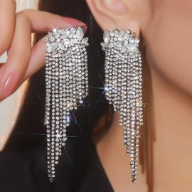 Octwine Women Asymmetric Statement Black Rhinestone Tassel Long Earrings Sparkly Long Rhinestones Chandelier Dangle Drop Earrings Bridal Wedding Party Prom Earrings Teardrop Dangle Earrings for Women,