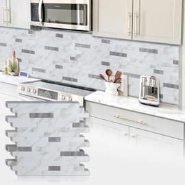 Artemuro 10 Sheets Premium Peel and Stick Backsplash, White Marble Look with Metal Silver Stick on Wall Tiles Upgrade Your Kitchen Backsplash, RV, Fireplace, Bathroom