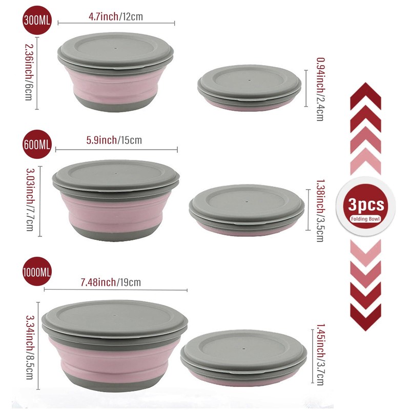 Collapsible Bowl, 3 Pcs Food Grade Silicone Camping Bowl, Expandable