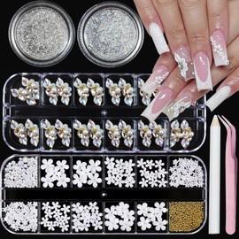 SEMATA Nail Art Charms White Flower Nail Gems Clear AB Nails Rhinestones Mixed Size Flower Nails Design Decoration with White Pearls & Gold Beads for Women Manicure DIY