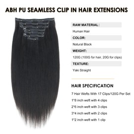 ABH AMAZINGBEAUTY HAIR Yaki Clip in Hair Extensions Real Human Hair Seamless Hair Extensions Double Weft Clip in Hair Extensions Yaki Straight Clip ins for Black Women PU Invisible 14 Inch 120G 7Pcs