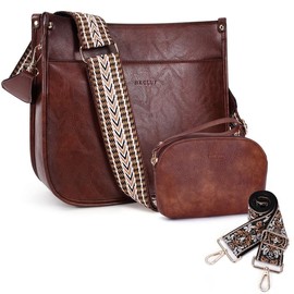 HKCLUF 4055 Women's Fashionable Crossbody Bag Purse For Women Leather Handbag Wallet Set Waterproof Women Crossbody Bag With 2count Adjustable Guitar Strap Perfect:_Caramel Brown