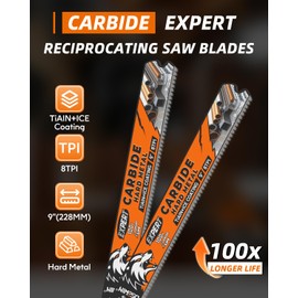 Expert Reciprocating Saw Blade 3 Pack, 9 Inch 8TPI Carbide Sawzall Blades for Stainless Steel, Hardened Steel, Iron, Screws, Metal Pipe, Thick Steel Plate, Rebar, Angle Steel