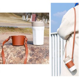 Bombinate Leather Cup Holder Round Coffee Handle Strap Bag