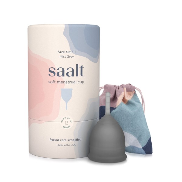 Saalt Soft Menstrual Cup - Best Sensitive Reusable Period Cup - Wear for 12 Hours - Tampon and Pad Alternative (Grey, Small)