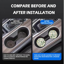 Car Cup Holder Coaster, 2 Pack Absorbent Universal Anti Slip Car Assecories,Funny Car Coasters for Women Girl,Ceramic Car Cup Mat with A Finger Notch(Pretty Floral Green Leaf)